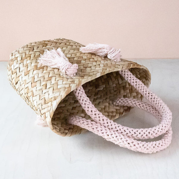 Dusty Rose Small Woven Straw Tote with Unique Handles
