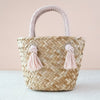 Dusty Rose Small Woven Straw Tote with Unique Handles