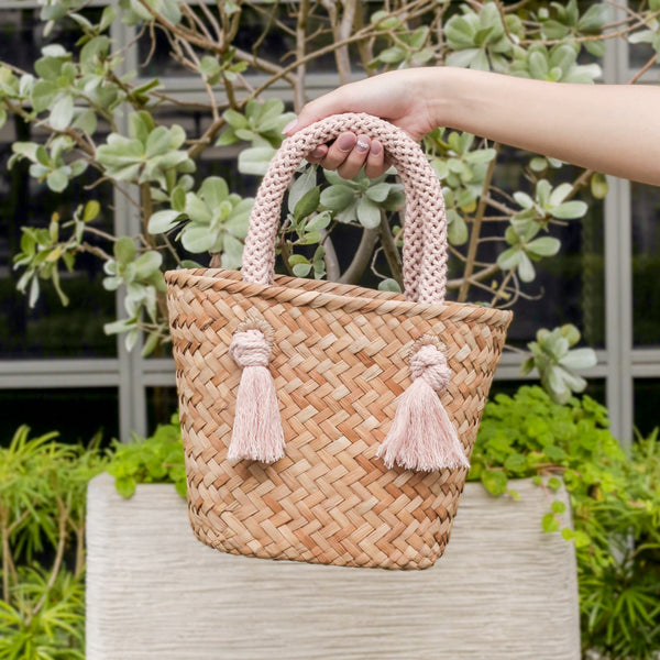 Dusty Rose Small Woven Straw Tote with Unique Handles