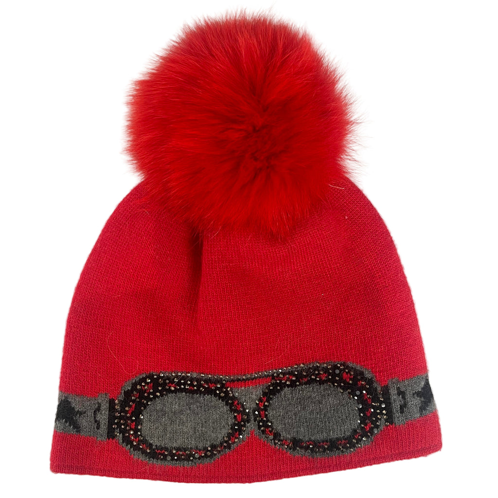 Crystal Ski Goggle Hat With Fox Fur Pom