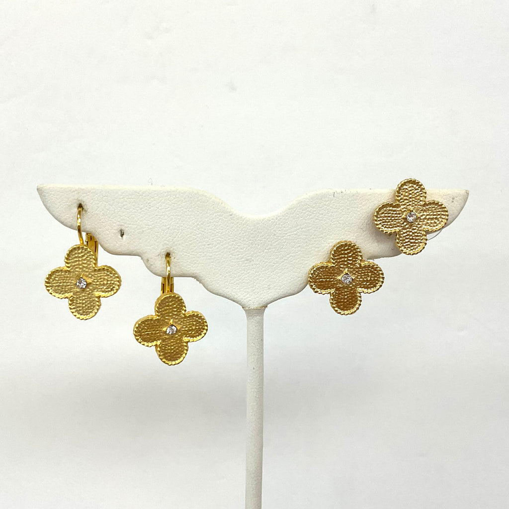 Brushed Gold Clover Earrings With Cz Crystal