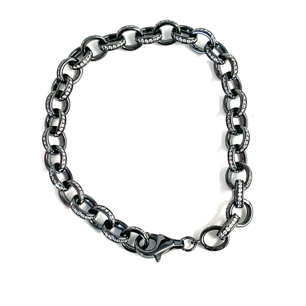 Sterling Silver Hematite & Cz Circle Link Bracelet