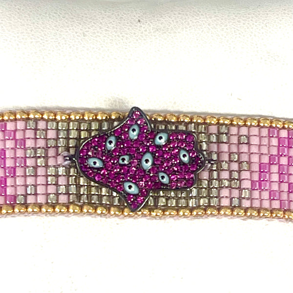 Pink & Purple Hand Beaded Hamsa Bracelet