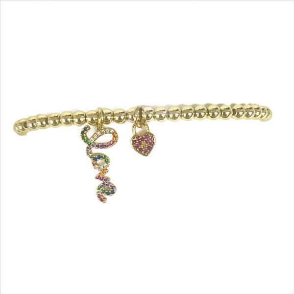 Gold Beaded Stretch Bracelet With Rainbow "Love" Charm