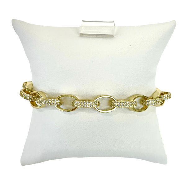 Gold CZ And Plain Oval Link Chain Bracelet