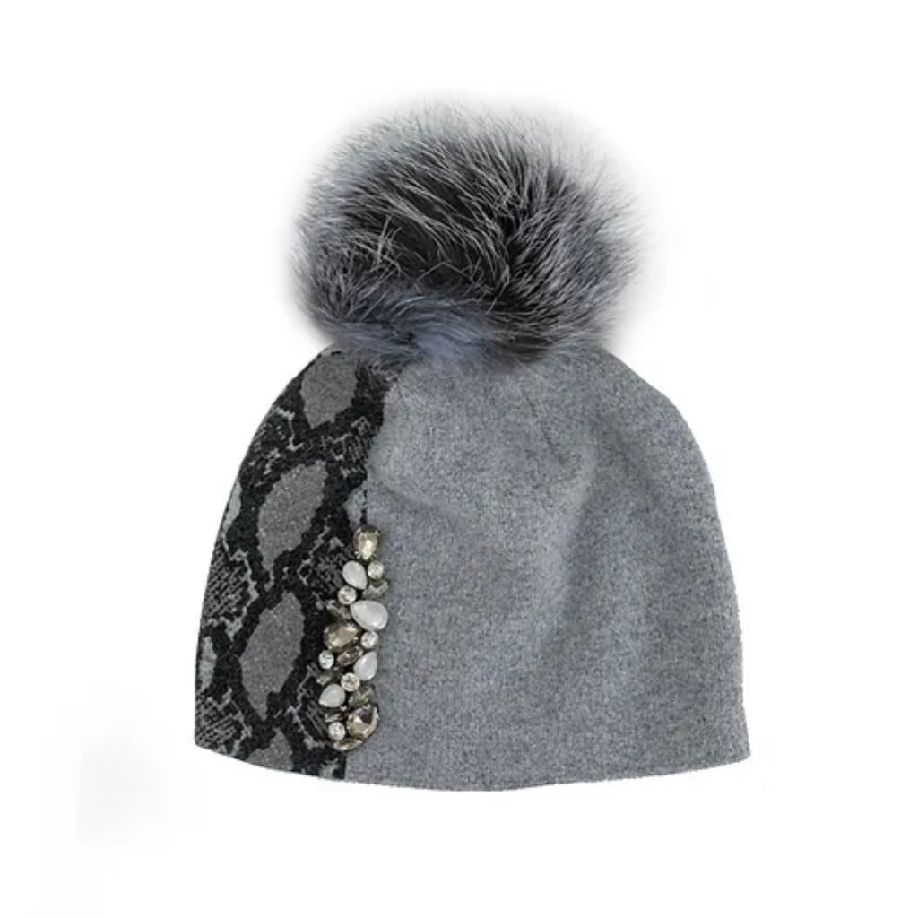 Snakeprint & Crystals Hat With  Fox Pom