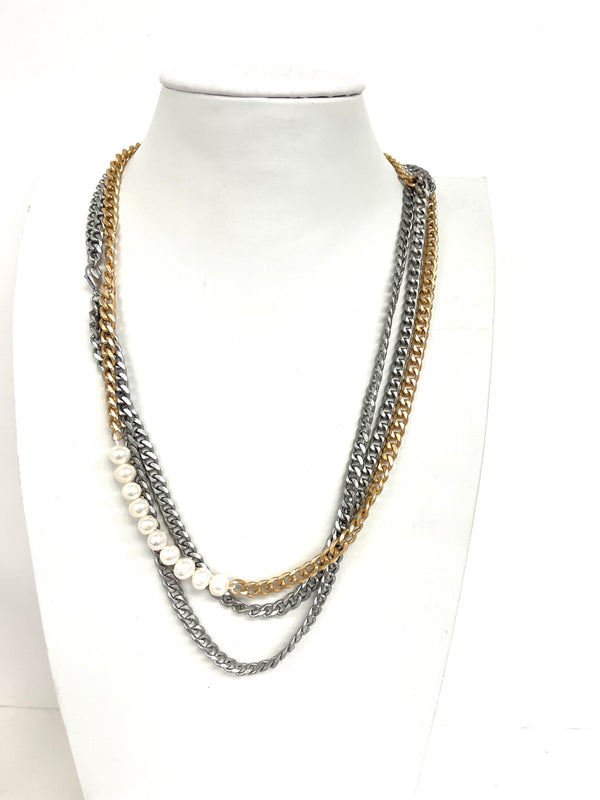 Two Tone Double Chain Necklace With Band Of Freshwater Pearls