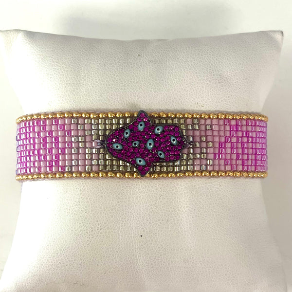 Pink & Purple Hand Beaded Hamsa Bracelet