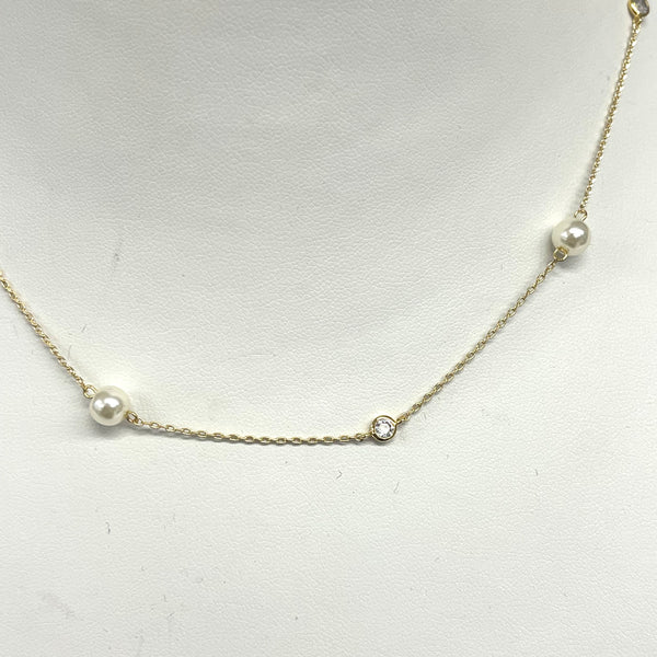 Pearl And CZ Bezel Gold Necklace
