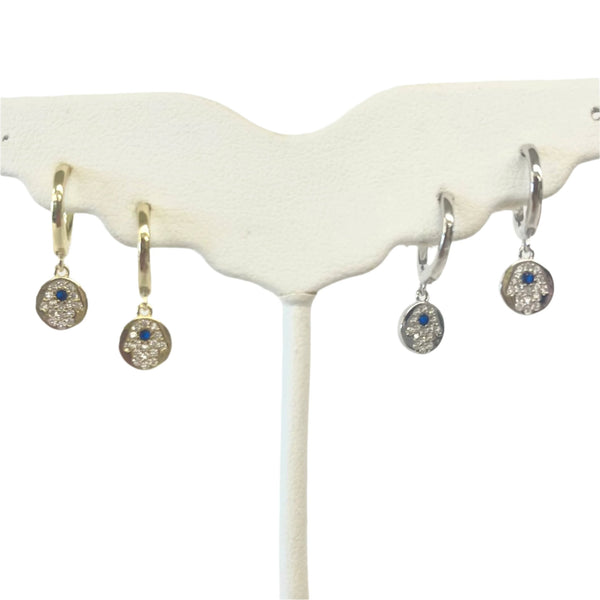 Huggies with CZ Hamsa Dangling Disc