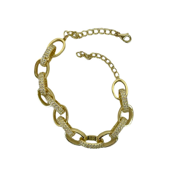 Gold CZ And Plain Oval Link Chain Bracelet