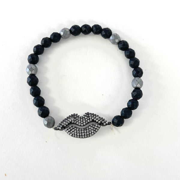 Black Faceted Bead Bracelet with Pave Lips
