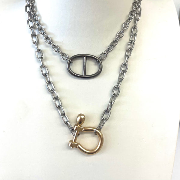Double Silver Chain With Gold Horseshoe Charm