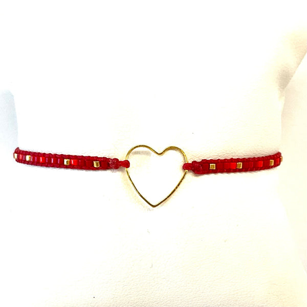 Red Beaded Adjustable Bracelet With Gold Heart