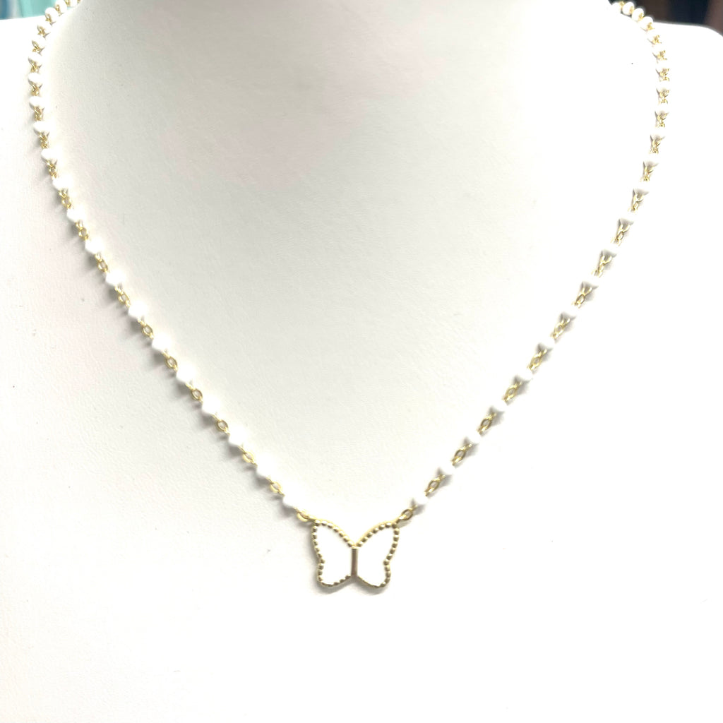 Wire Beaded Necklace With Enamel Butterfly Charm