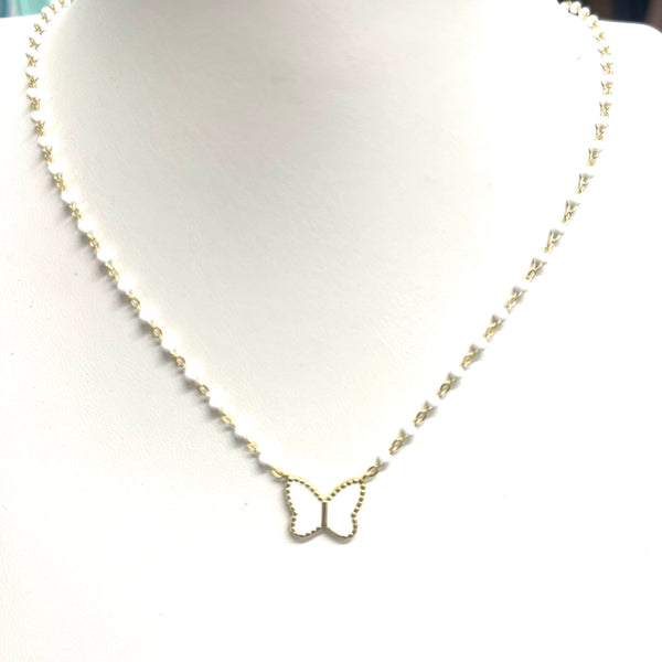 Wire Beaded Necklace With Enamel Butterfly Charm