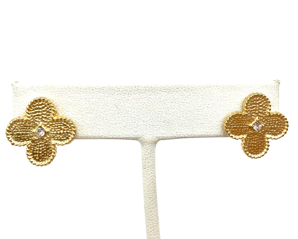 Brushed Gold Clover Earrings With Cz Crystal