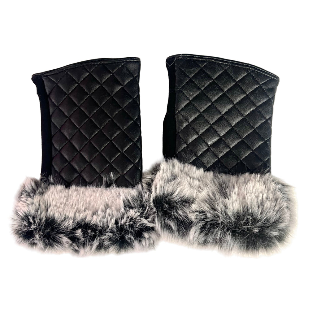 Black Quilted Vegan Leather Faux Fur Fingerless Glove