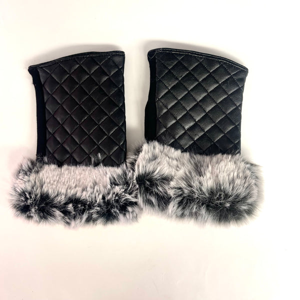 Black Quilted Vegan Leather Faux Fur Fingerless Glove