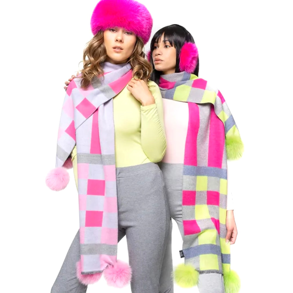 Pink Woven Scarf With Fox Poms