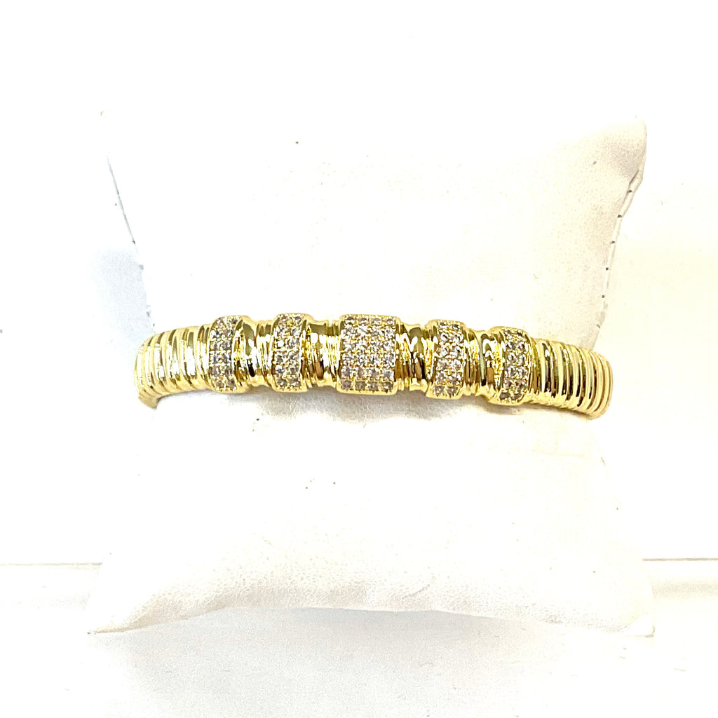 Gold Tone Rippled Cuff With 5 Station Pave