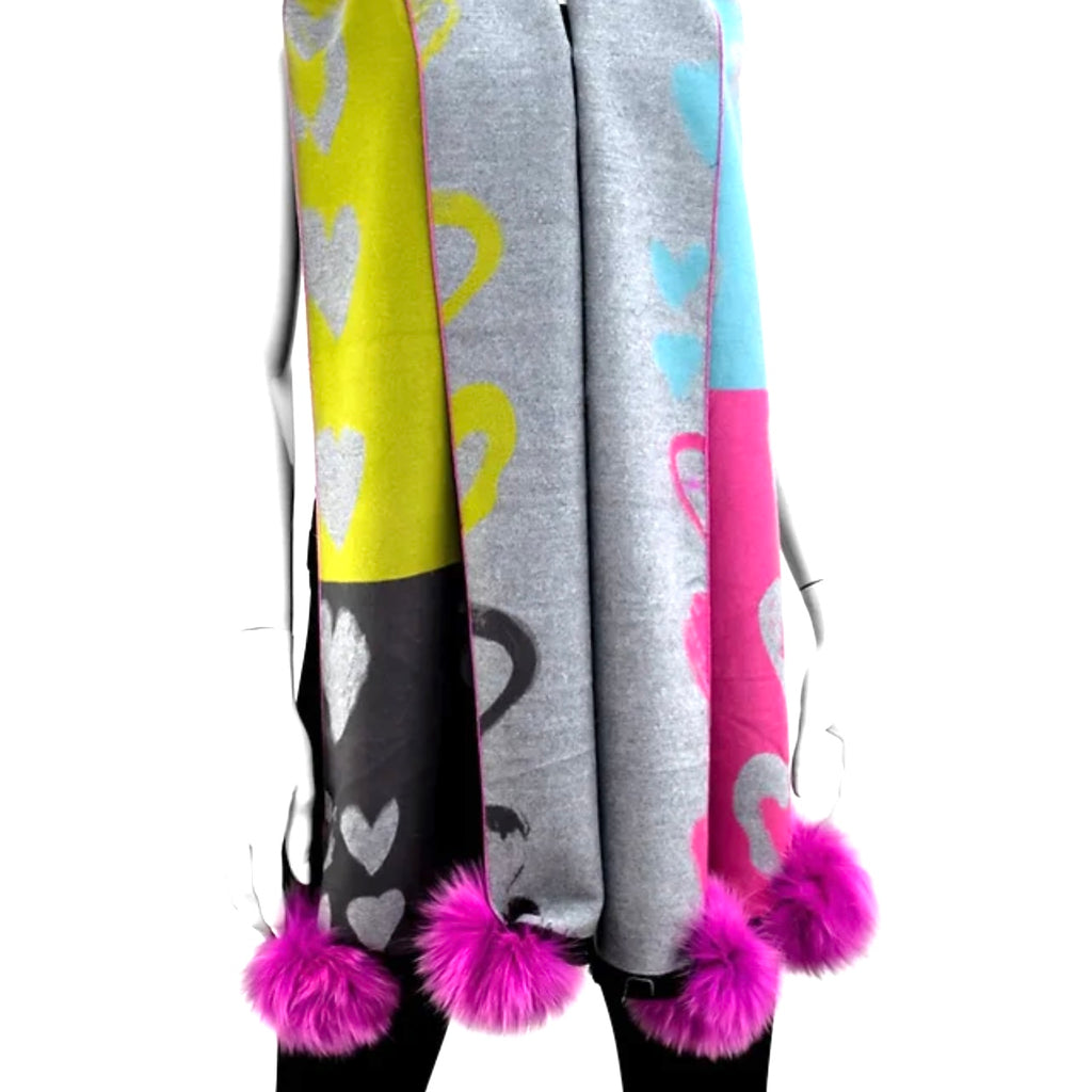 Pink Woven Scarf With Hearts And Fox Poms
