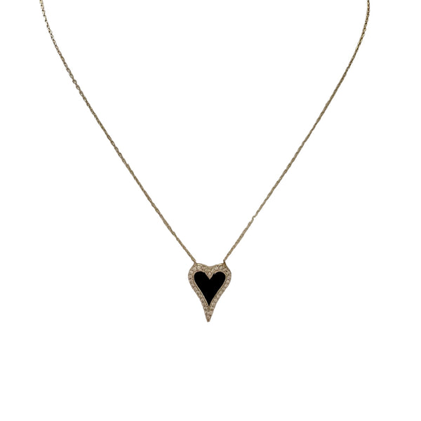 Black Enamel Elongated Heart w/Pave Outline Necklace