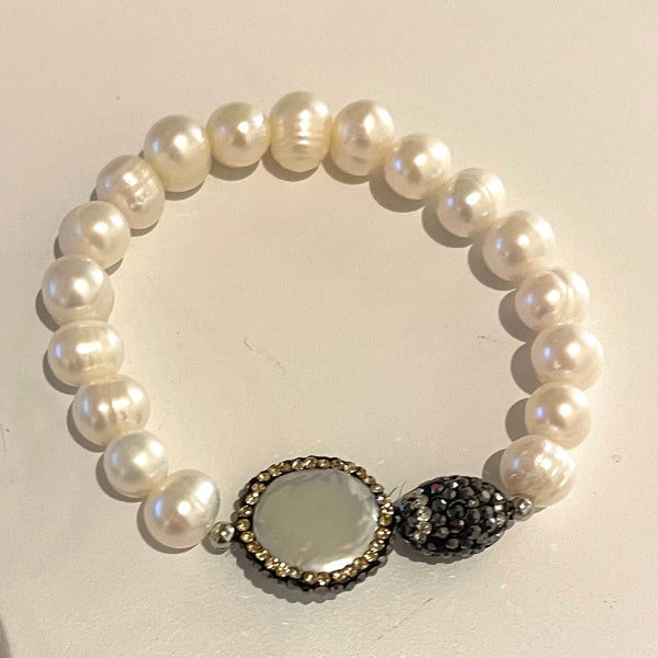 Pearl Or Black Beaded Stretch Bracelet