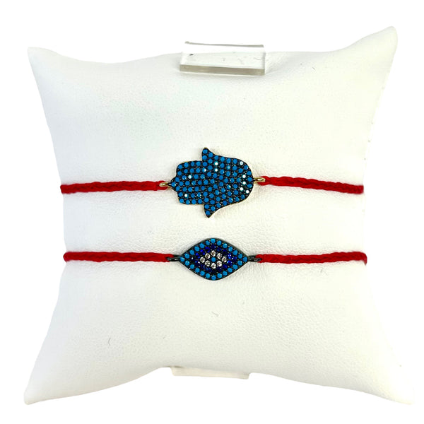 Red Braided Drawstring Bracelet with Evil Eye or Hamsa Pave Charm