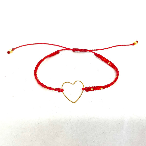 Red Beaded Adjustable Bracelet With Gold Heart