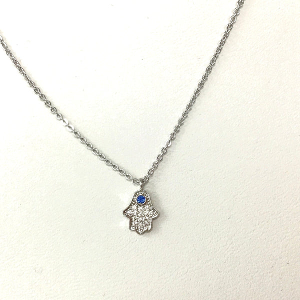 CZ Hamsa with Blue Stone Necklace