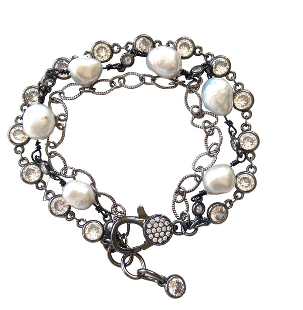 3 Strand Hematite With Pearl & CZ Bracelet