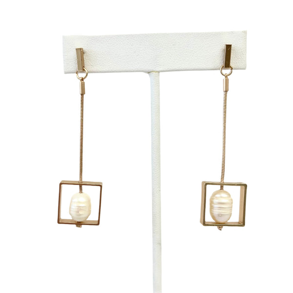 Gold Snake Chain Square With Freshwater Pearl Earrings