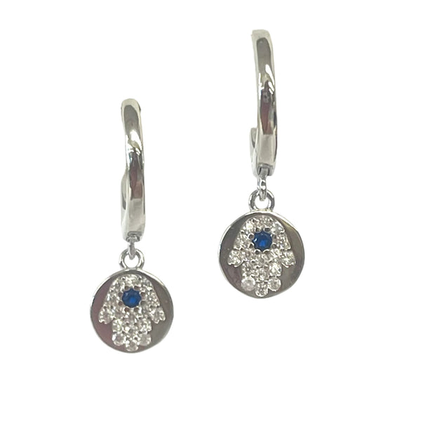 Huggies with CZ Hamsa Dangling Disc