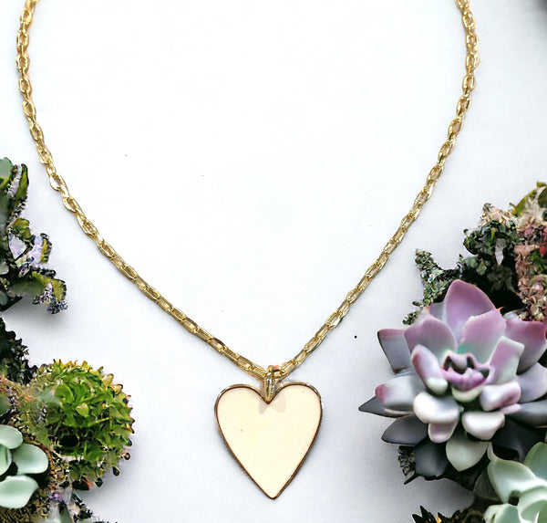 Small Gold Paperclip Chain With White Enamel Heart Charm