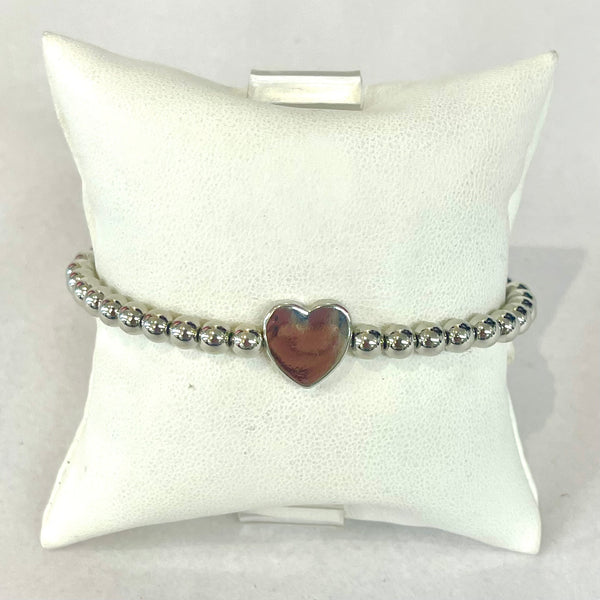 5MM Silver Heart Charm Beaded Stretch Bracelet