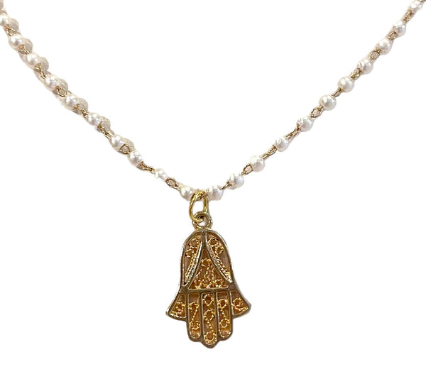 Pearl Ankle Wire Wrapped Necklace With Delicate Gold Hamsa Charm