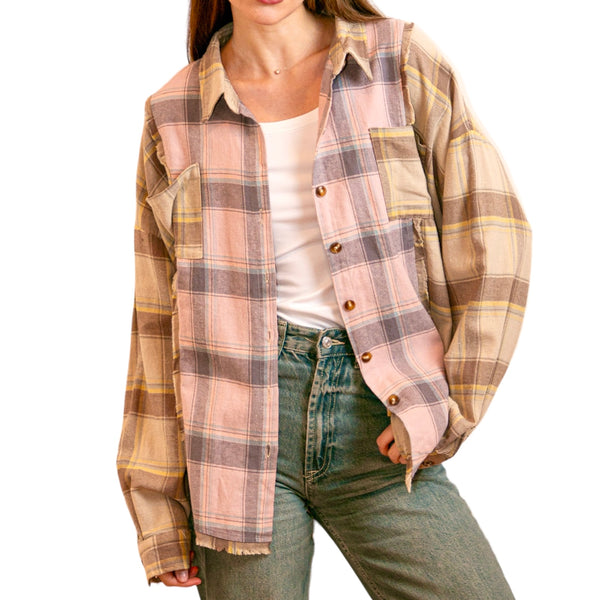 Pink & Green Flannel Shirt With CZ Embellishment Patches