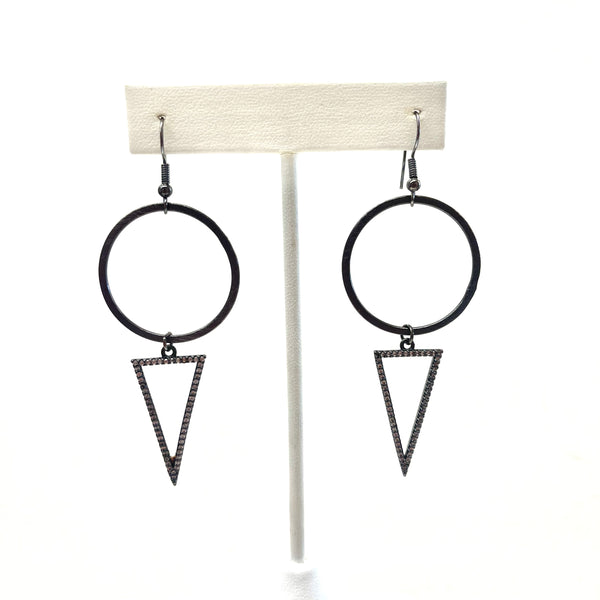 Hammered Circle with Hematite & CZ Triangle Earrings