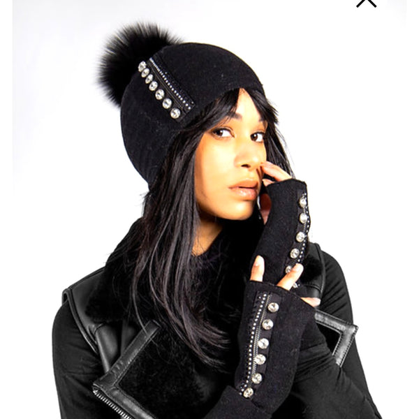 Crystal And Fur Knit Hat Or Fingerless Gloves