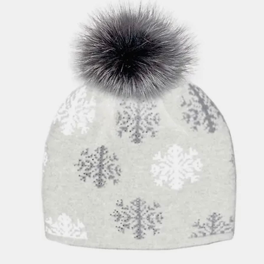 Knit Hat With Scattered Snowflakes And Fox Pom