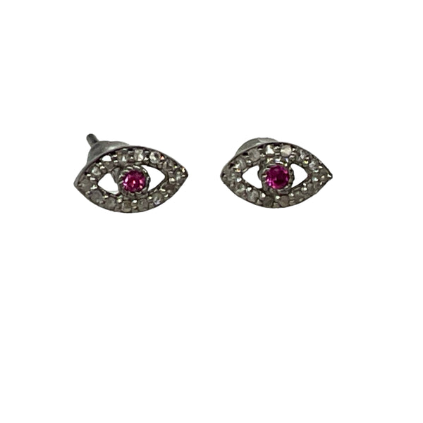 Real Diamonds And Rubies On Sterling Evil Eye Earrings