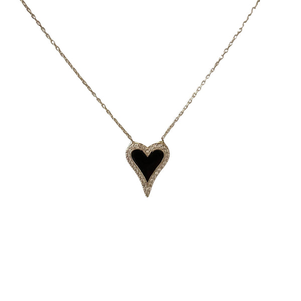 Black Enamel Elongated Heart w/Pave Outline Necklace