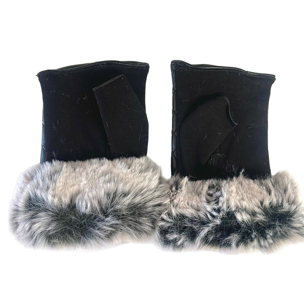 Black Quilted Vegan Leather Faux Fur Fingerless Glove