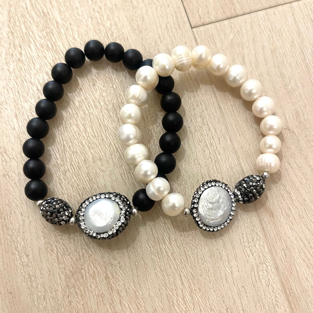 Pearl Or Black Beaded Stretch Bracelet