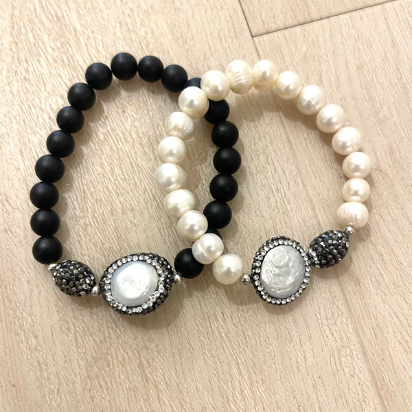 Pearl Or Black Beaded Stretch Bracelet
