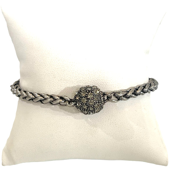 Hematite Curb Chain Bracelet With Textured CZ Ball