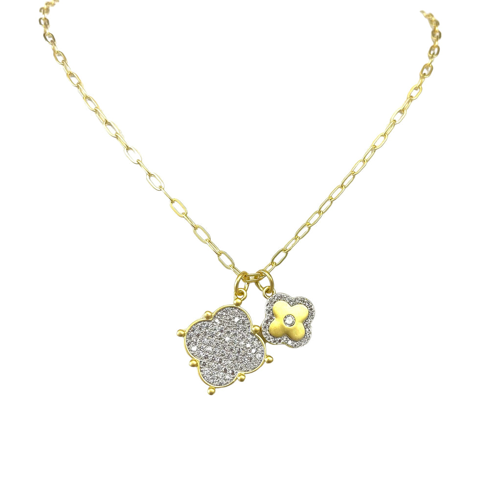 2 Flower Pave Charm Necklace