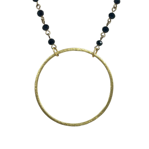 Black Beaded Necklace with Gold Ring