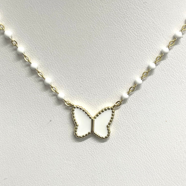 Wire Beaded Necklace With Enamel Butterfly Charm